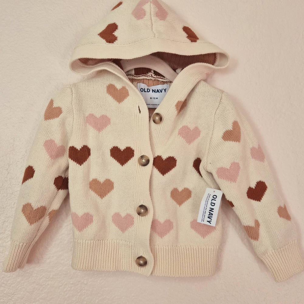 Old Navy Cream and Brown Heart Hooded Cardigan